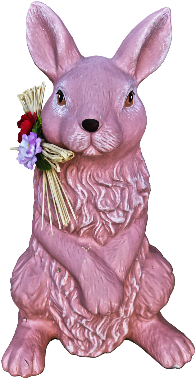 Pink Bunny Figurine Holding Flowers PNG Image