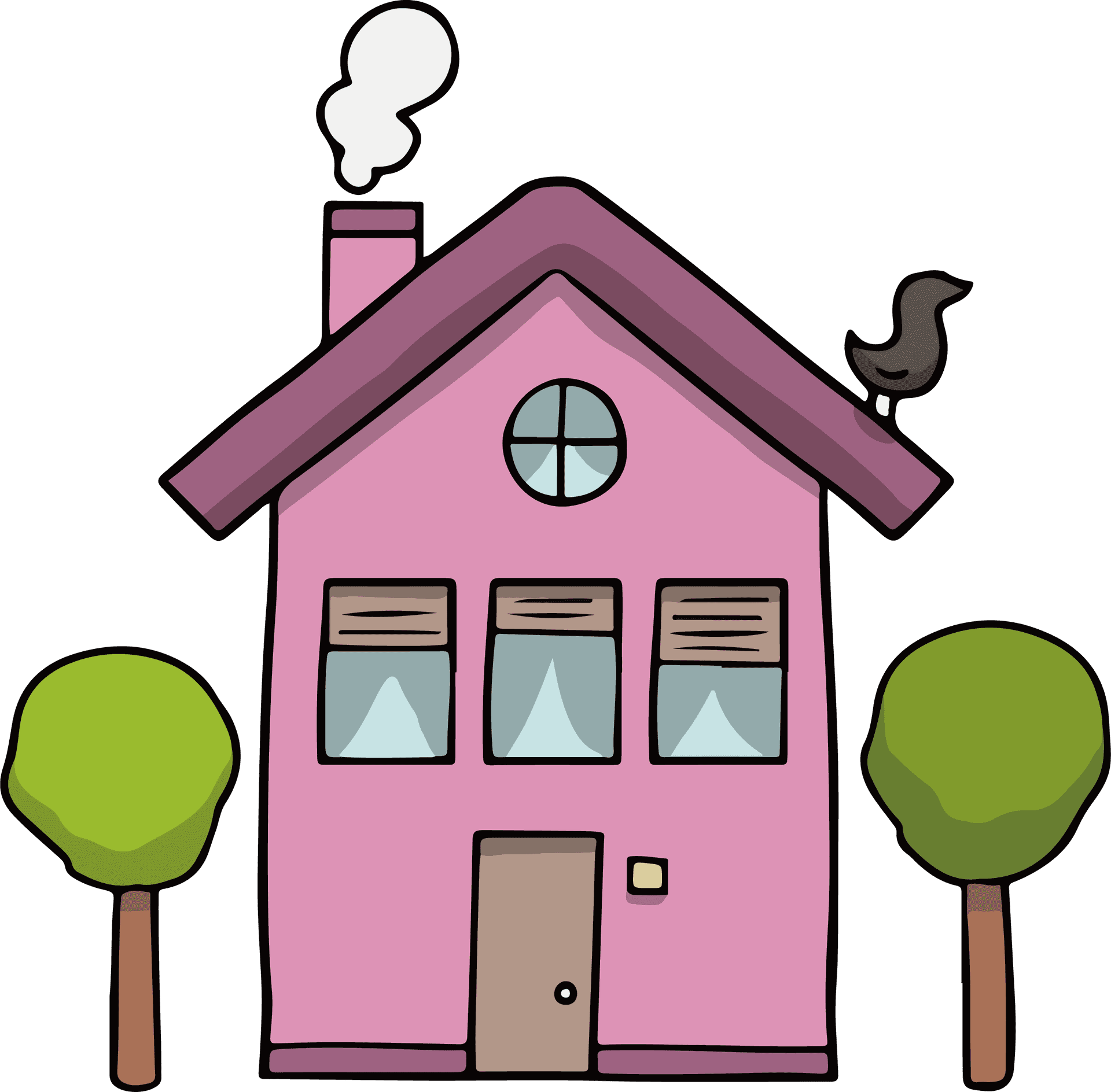 Pink Cartoon Housewith Trees PNG Image