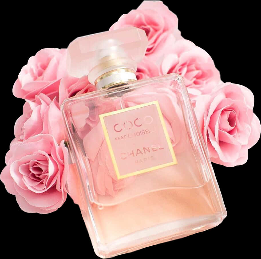 Pink Chanel Perfume Bottlewith Roses PNG Image