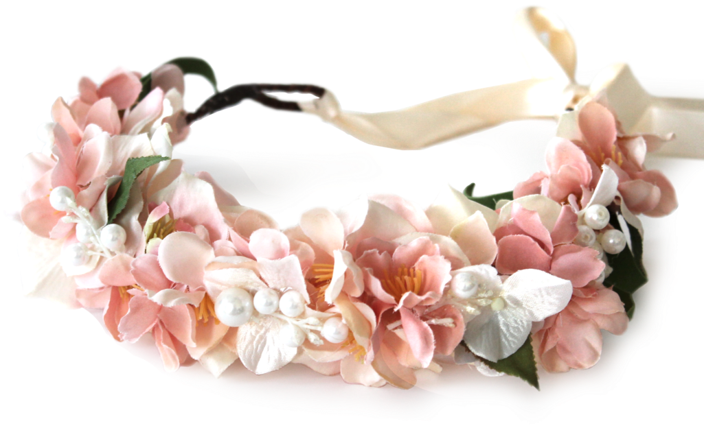 Pink Floral Wreathwith Pearlsand Ribbon PNG Image