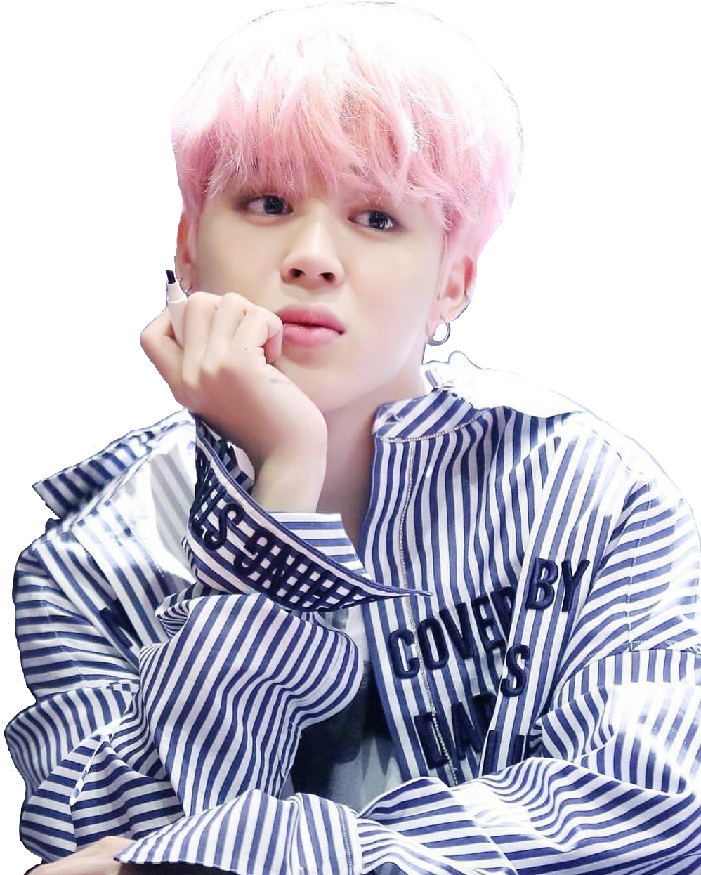 Pink Haired Person Striped Shirt PNG Image