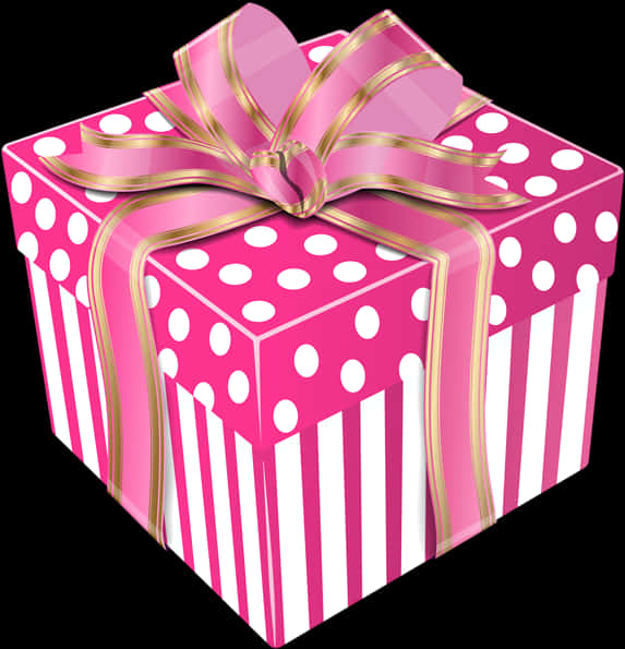 Pink Polka Dot Gift Boxwith Golden Ribbon PNG Image