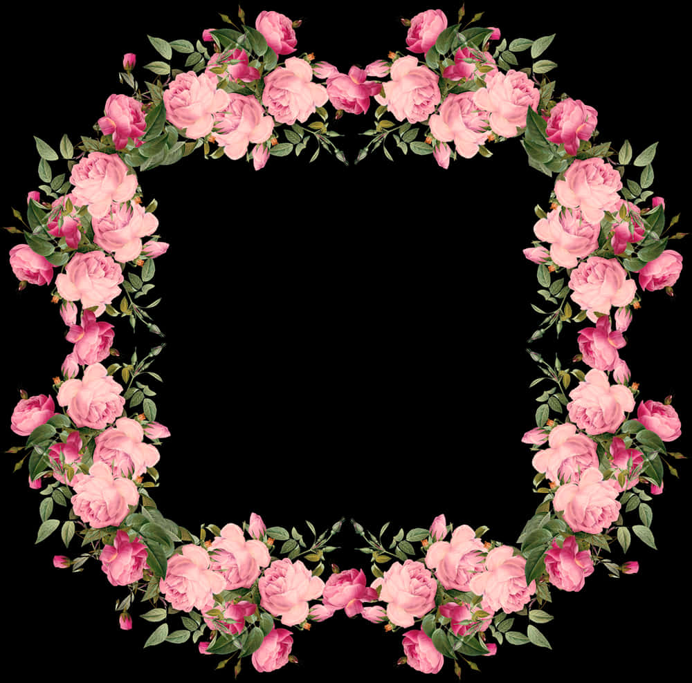 Pink Rose Frame Black Background PNG Image