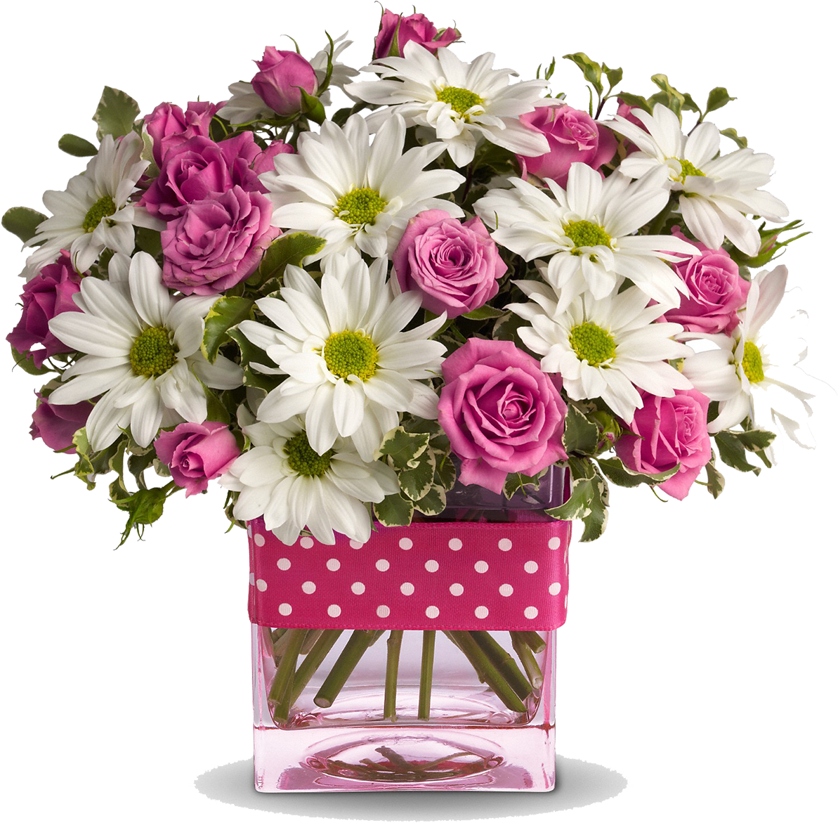 Pink Roses White Daisies Birthday Bouquet PNG Image