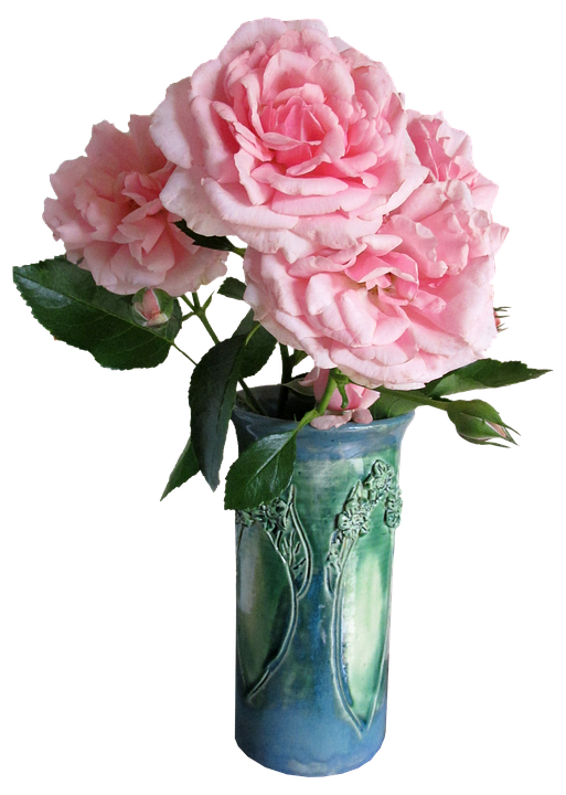 Pink Rosesin Blue Vase PNG Image