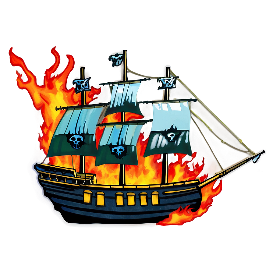 Pirate Ship Ablaze Jolly Roger PNG Image