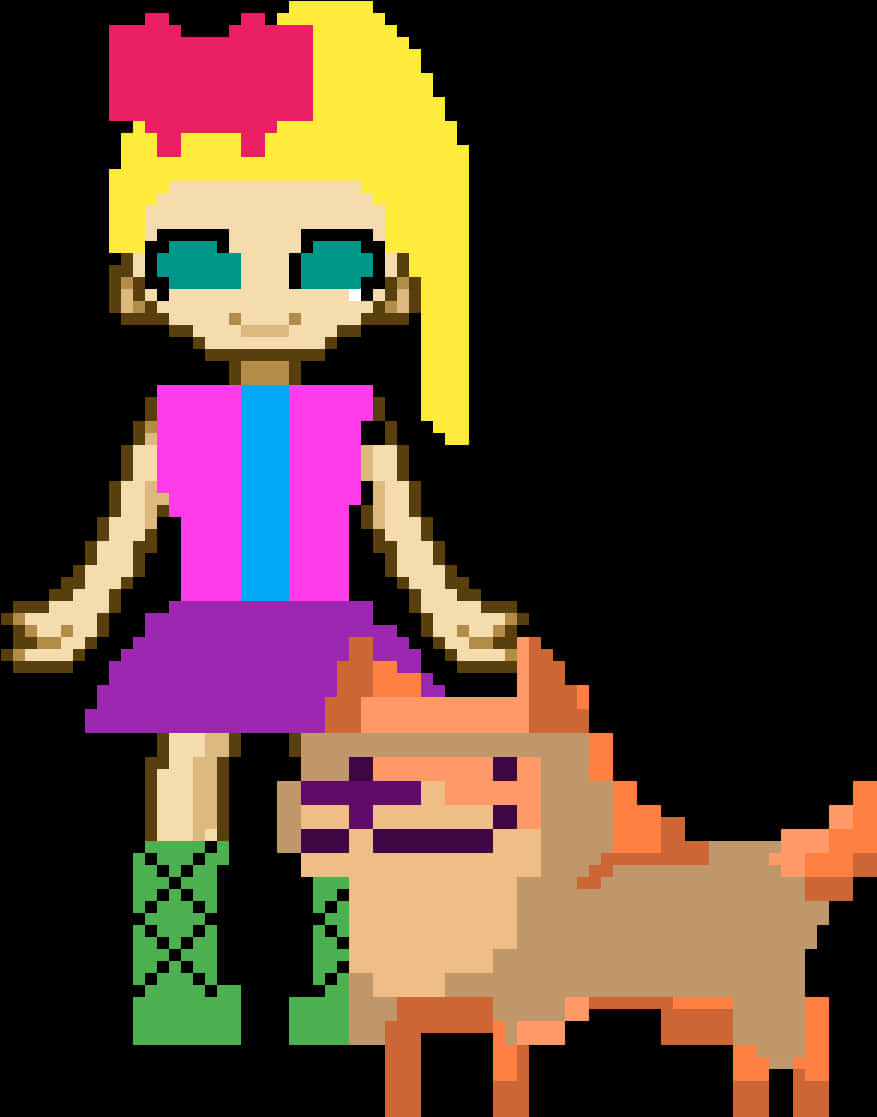 Pixel Art Girlwith Bowand Pet Dog PNG Image