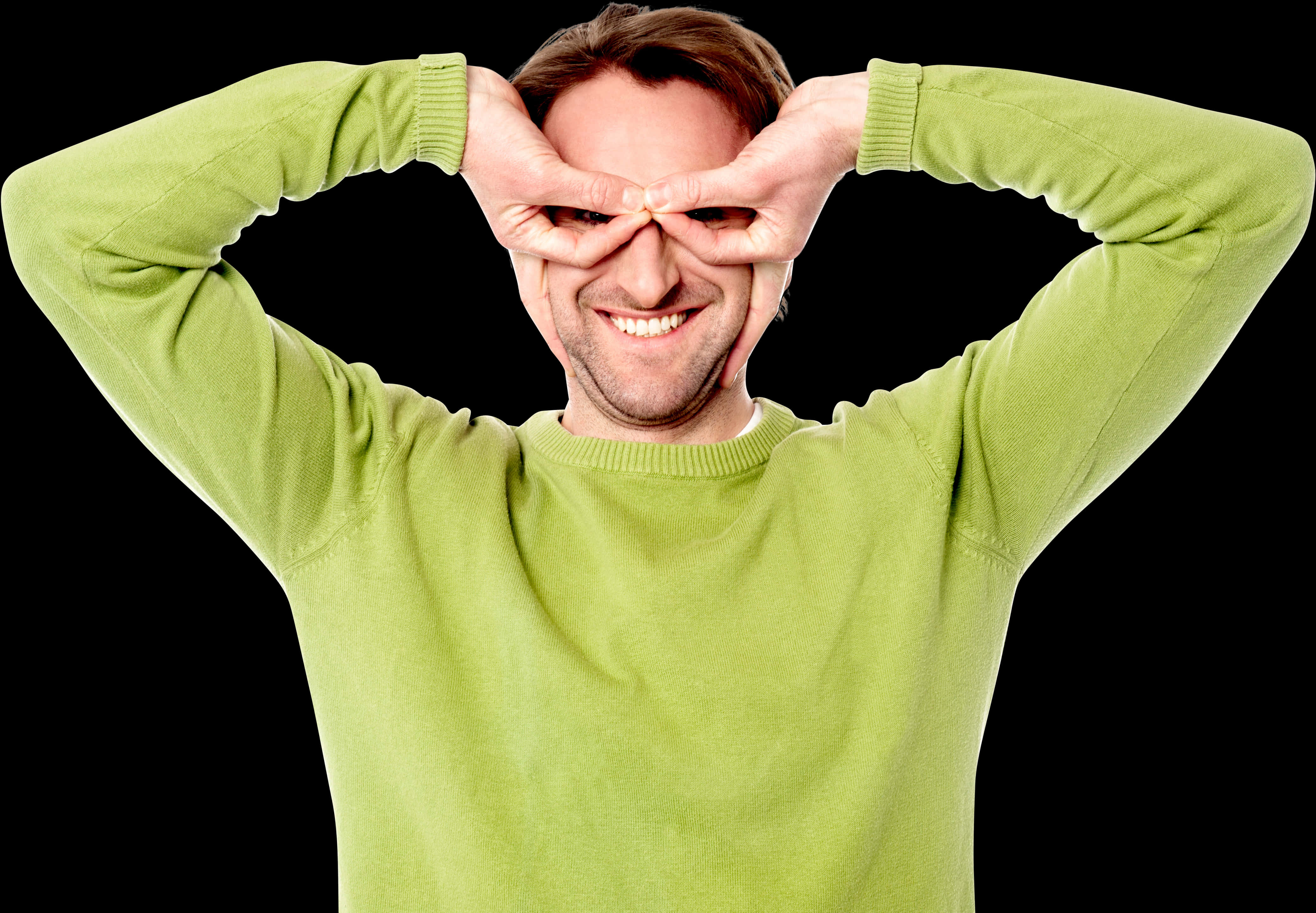 Playful Goggles Gesture Man Green Sweater PNG Image