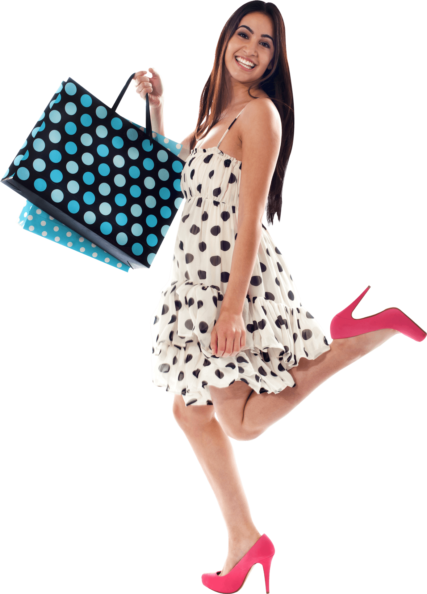 Polka Dot Dress Model With Colorful Bag PNG Image