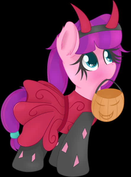 Ponywith Devil Hornsand Basket PNG Image