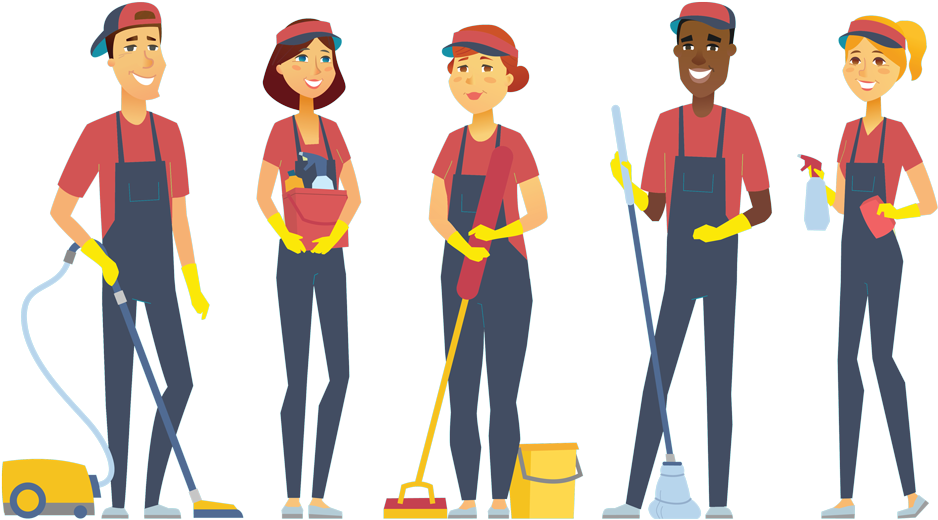 Professional Cleaning Team Cartoon PNG Image