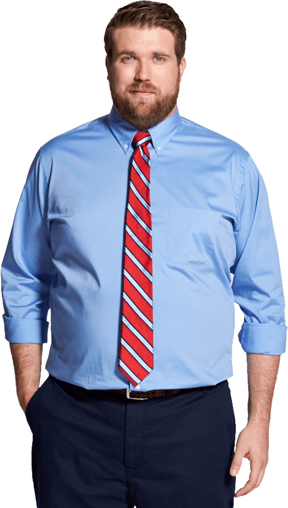 Professional Man Blue Dress Shirt Red Stripe Tie PNG Image