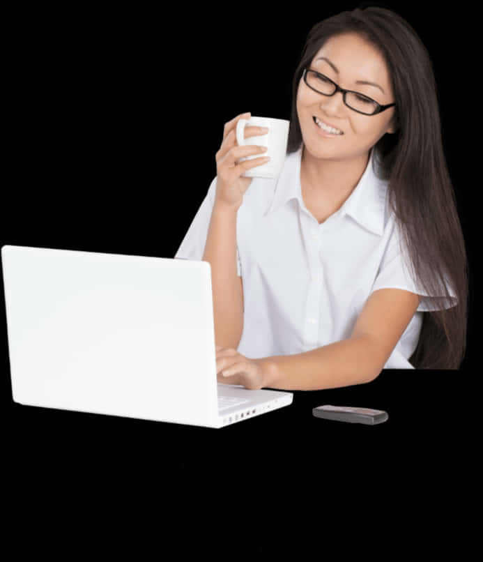 Professional Woman Using Laptopand Holding Cup PNG Image