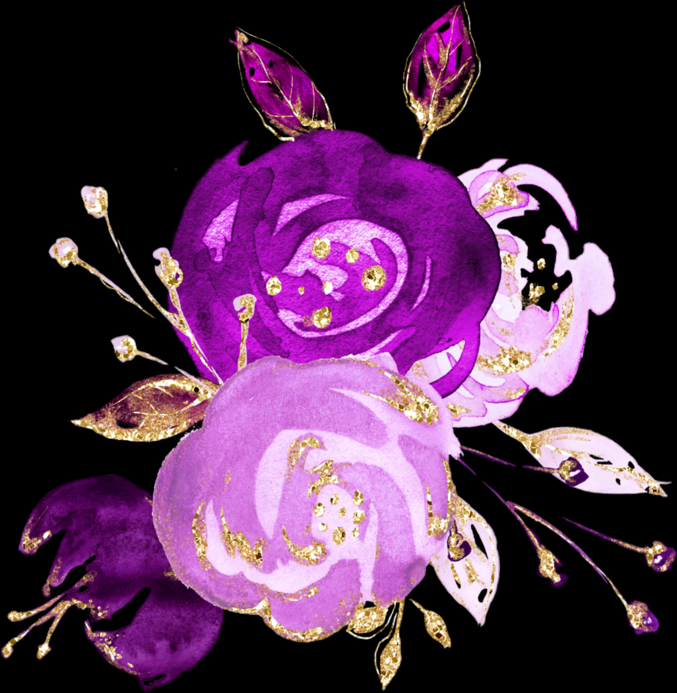 Purple_ Gold_ Watercolor_ Flowers_ Artwork PNG Image