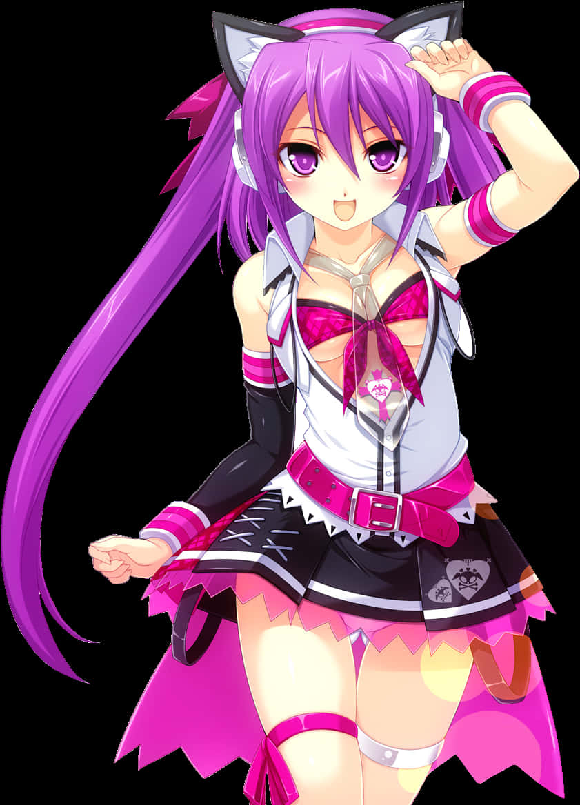 Purple Haired Anime Girlwith Cat Ears PNG Image