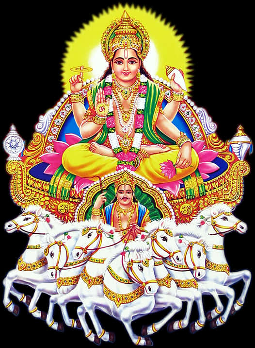 Radiant Hindu Deityon Lotuswith Seven Horses PNG Image