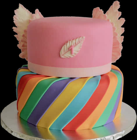 Rainbow Striped Fondant Cakewith Pink Topper PNG Image