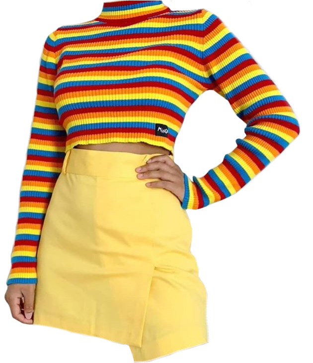 Rainbow Striped Sweaterand Yellow Skirt PNG Image