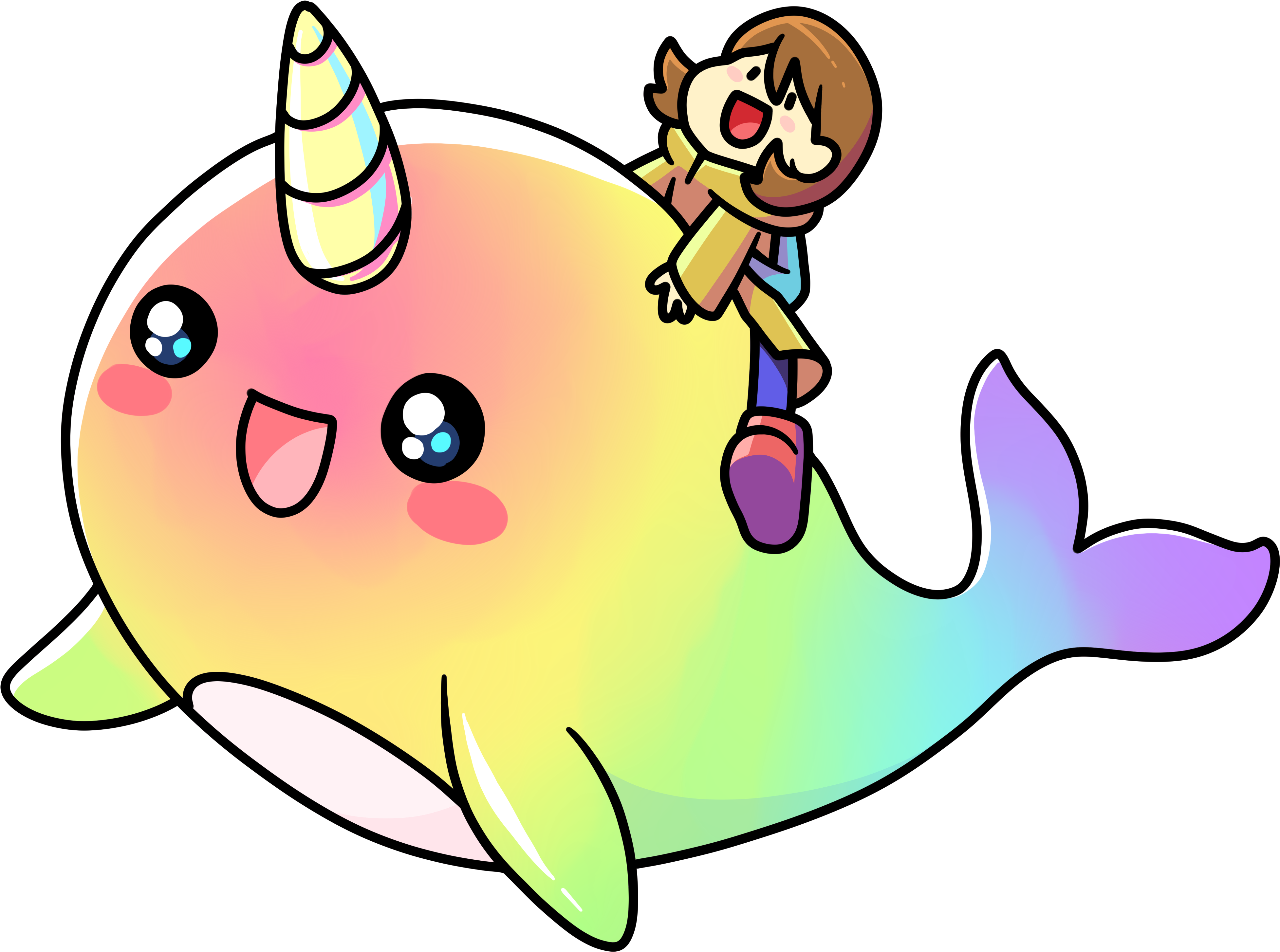 Rainbow_ Whale_ Unicorn_with_ Happy_ Child.png PNG Image