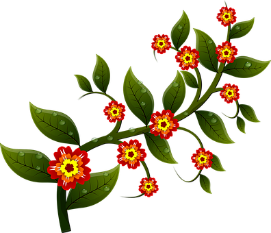 Red Flowers Dew Drops Dark Background PNG Image