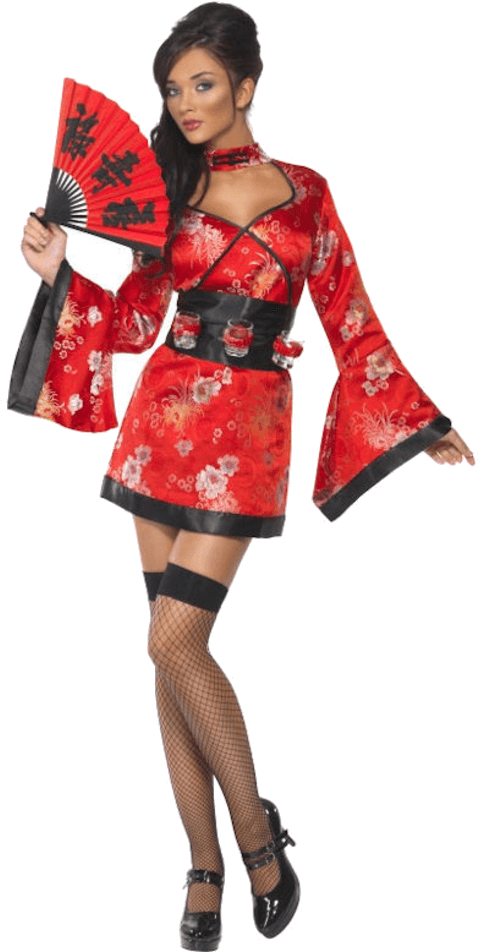 Red Geisha Costumewith Fan PNG Image