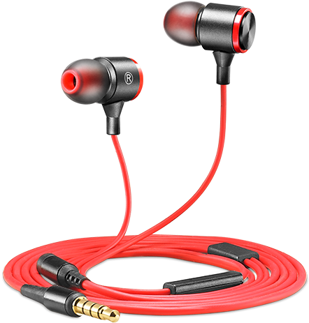 Red In Ear Earphoneswith Gold Plug PNG Image