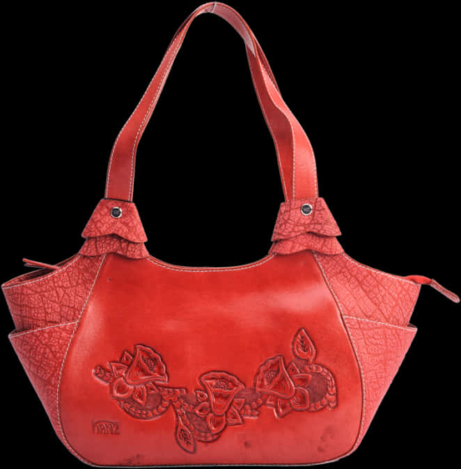 Red Leather Floral Embossed Handbag PNG Image