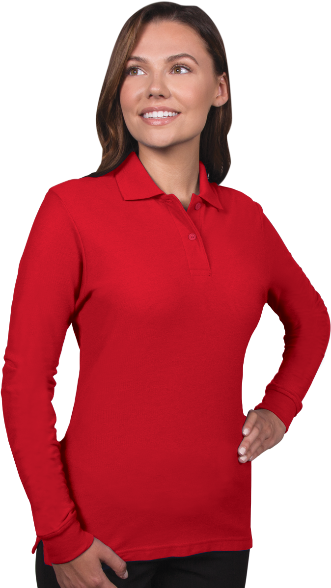 Red Long Sleeve Polo Shirt Woman PNG Image