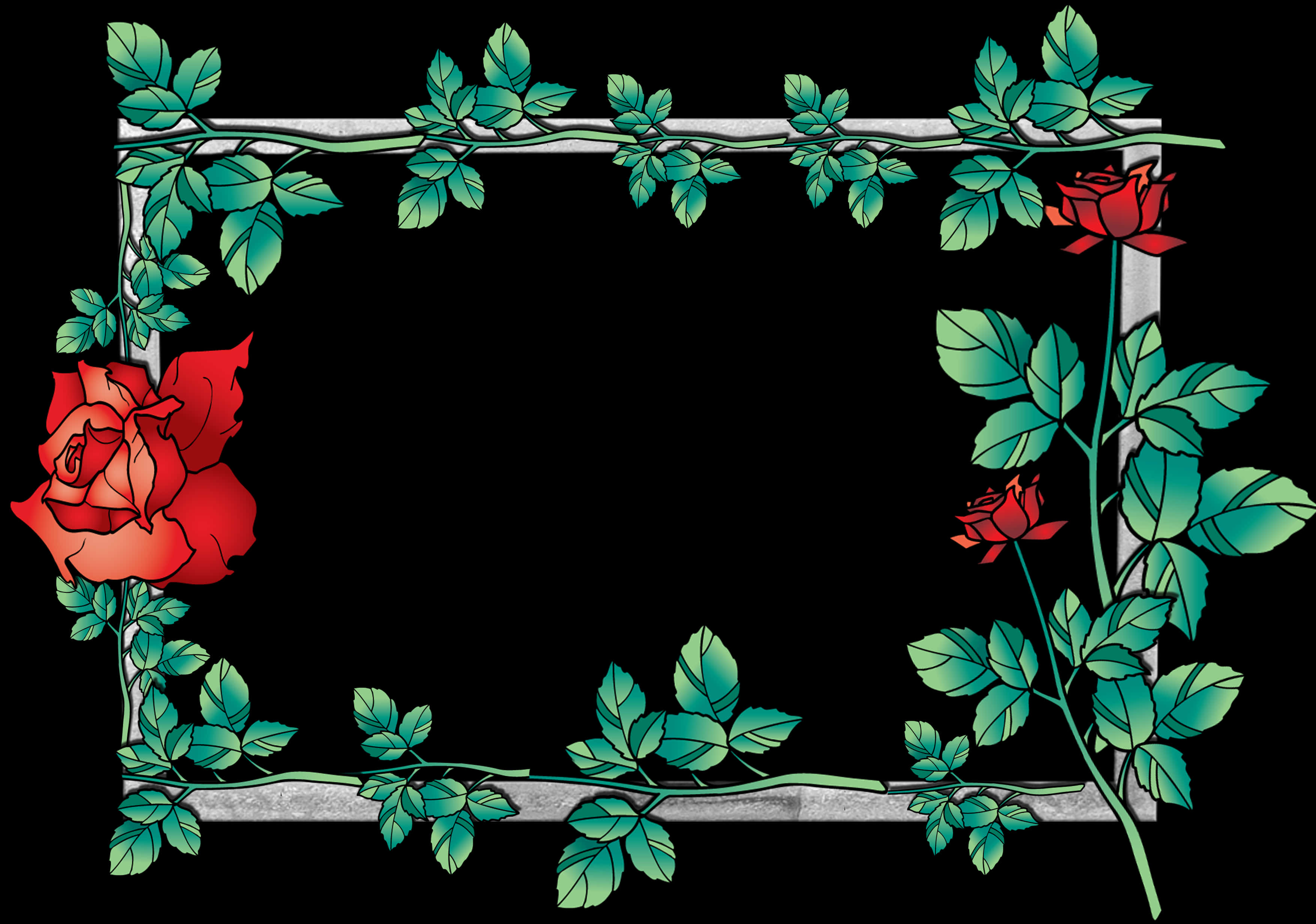 Red Roses Green Leaves Floral Border PNG Image