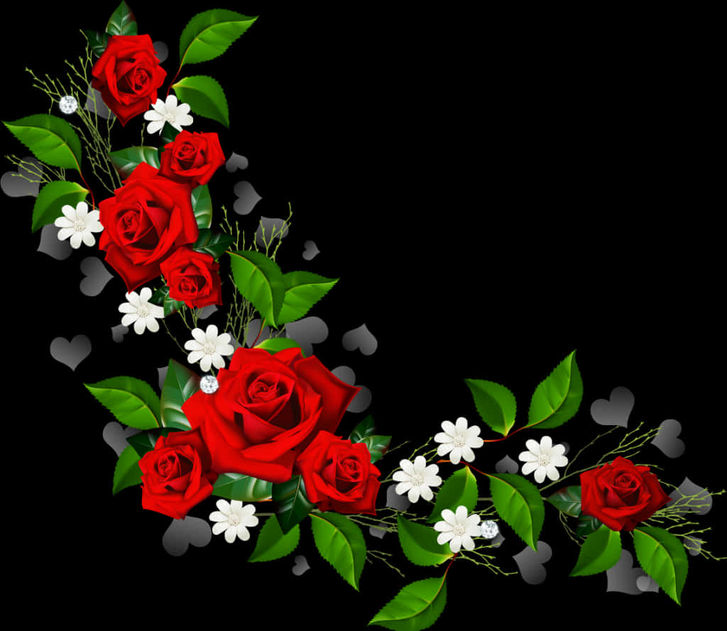 Red Roses White Flowers Black Background PNG Image