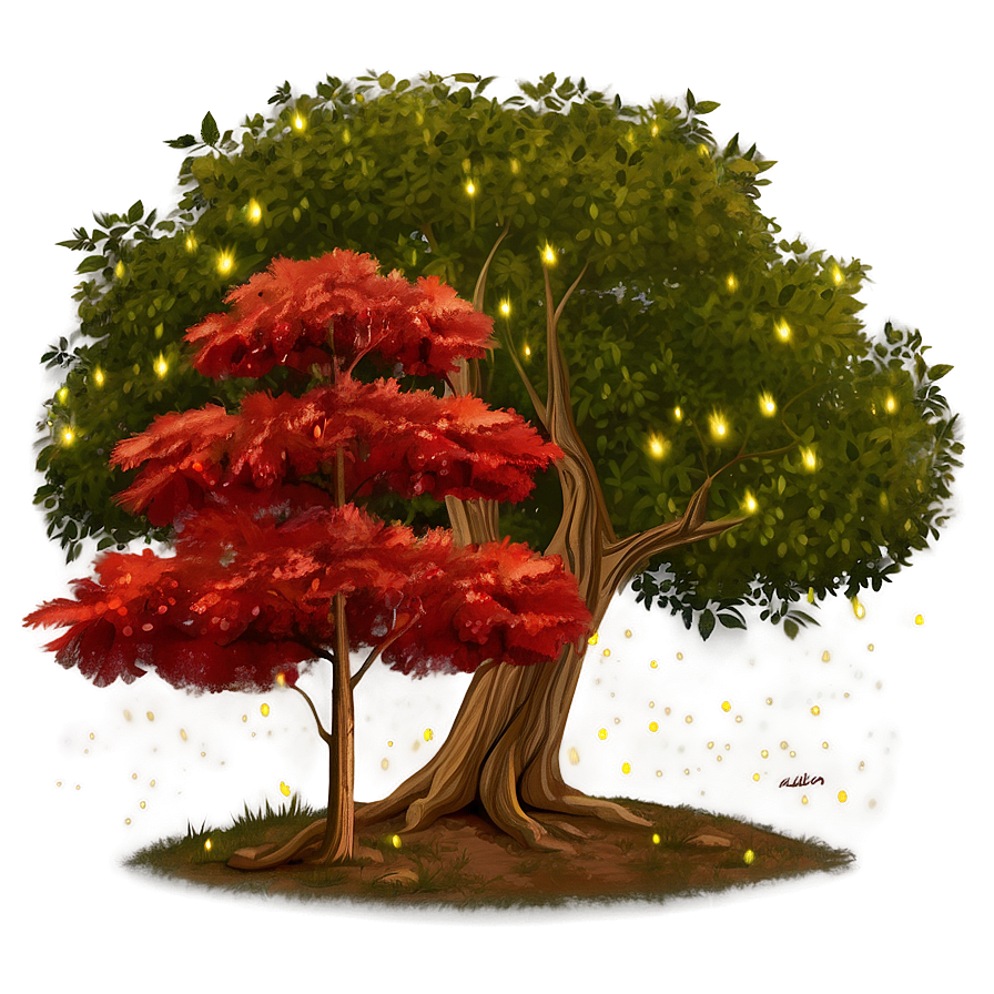 Red Tree With Fireflies Png 06252024 PNG Image