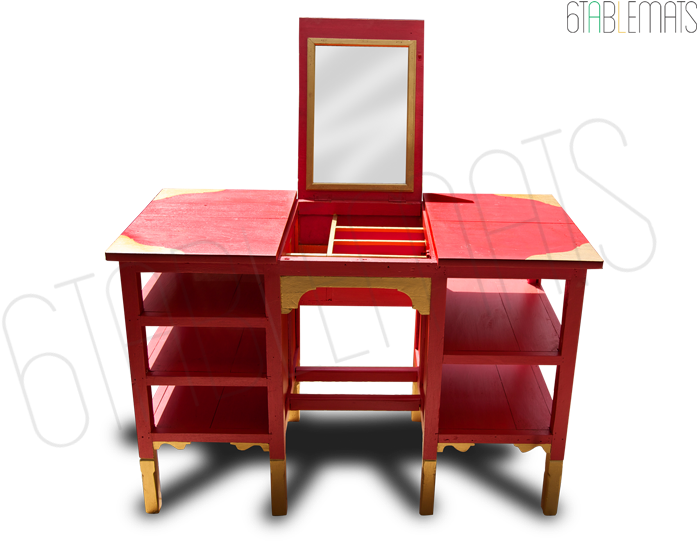 Red Wooden Dressing Table With Mirror PNG Image