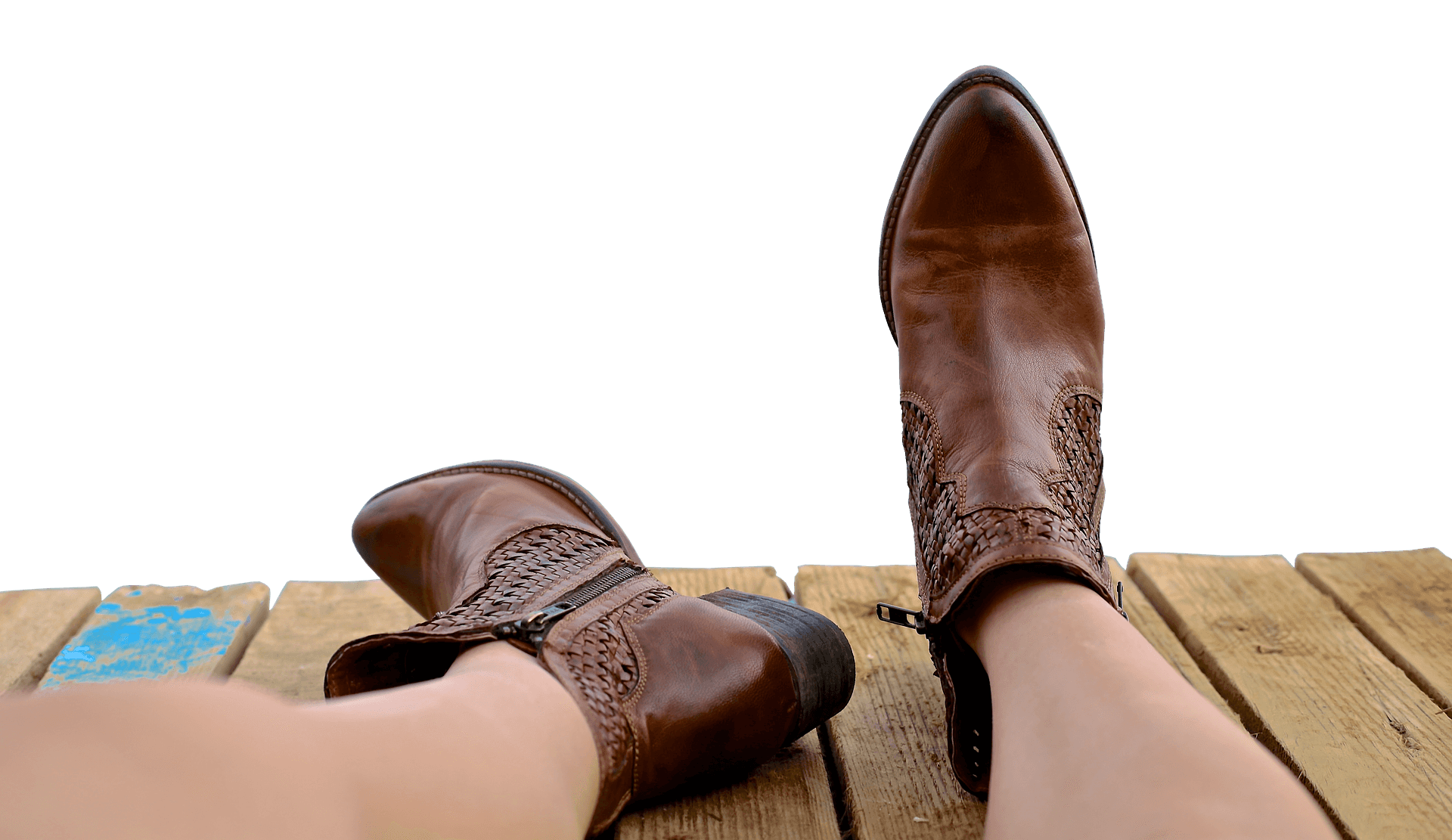 Relaxed Leather Boots Wooden Dock PNG Image