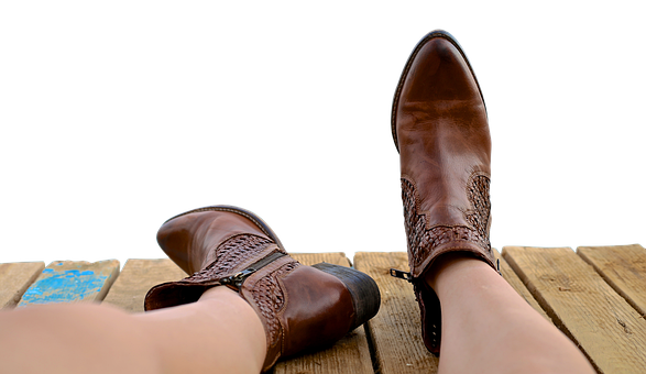 Relaxed Leather Boots Wooden Dock PNG Image