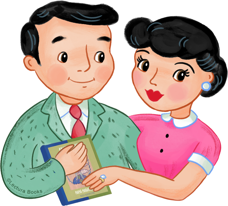 Retro Styled Parents Holding Book PNG Image