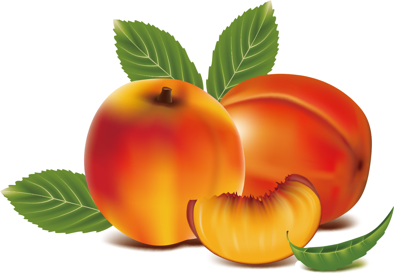 Ripe Peaches With Sliceand Leaves PNG Image