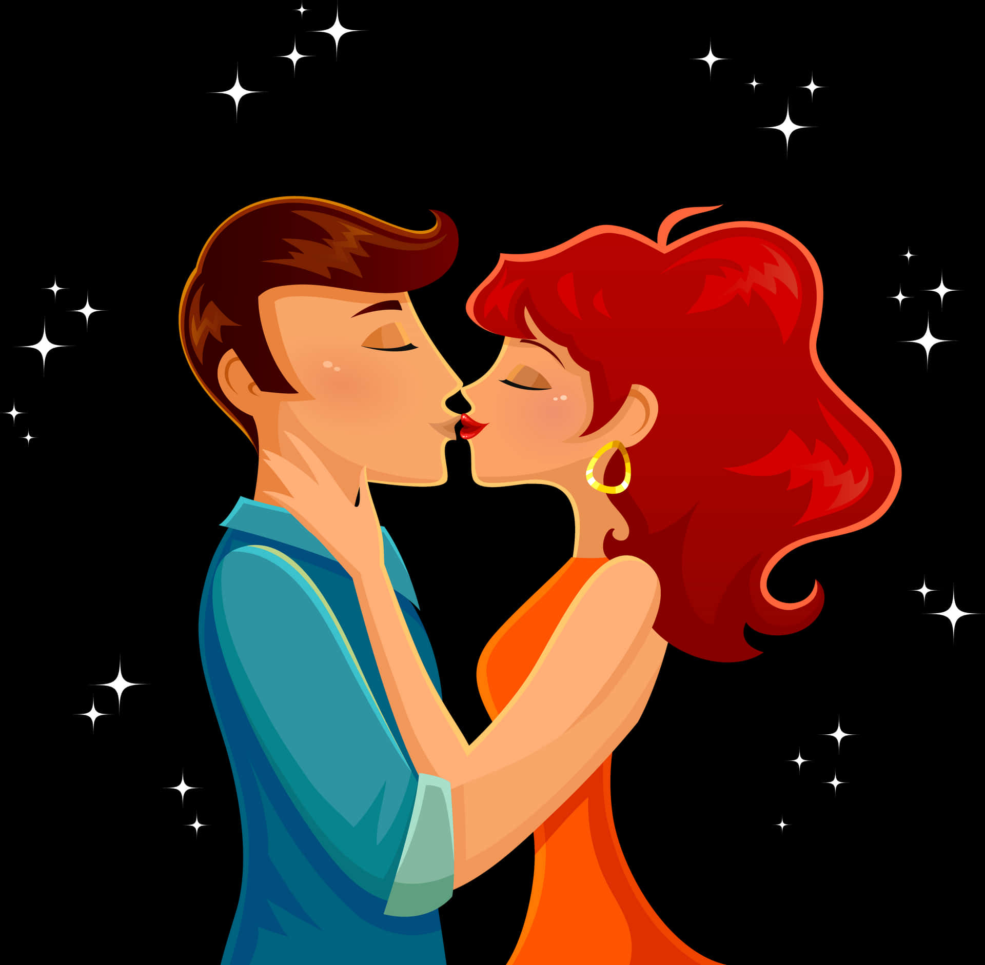 Romantic Cartoon Couple Kissing Stars Background PNG Image