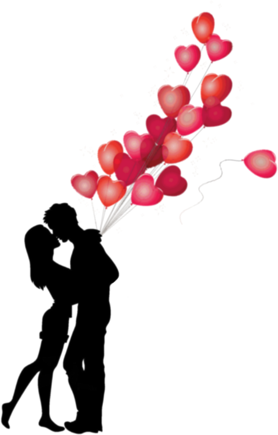 Romantic Silhouette Couple With Heart Balloons PNG Image