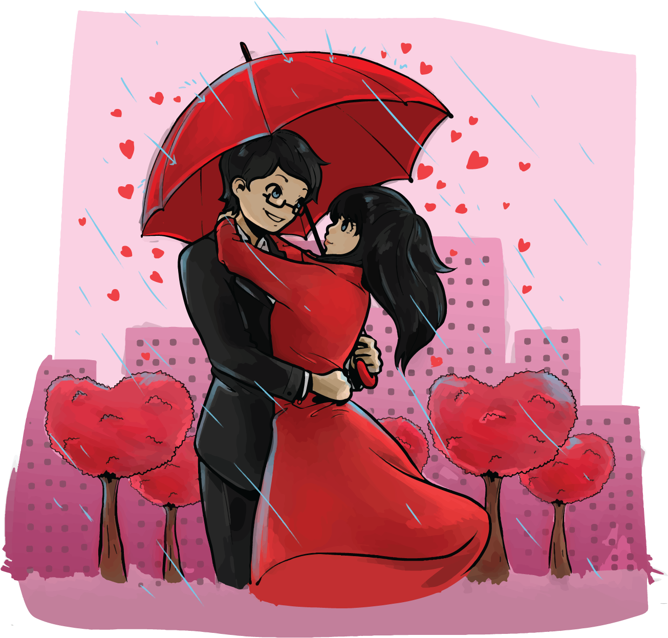 Romantic Umbrella Embrace Cityscape Love PNG Image