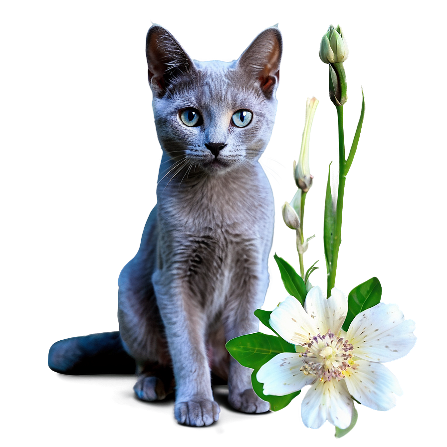 Russian Blue Cat And Flowers Png 06272024 PNG Image