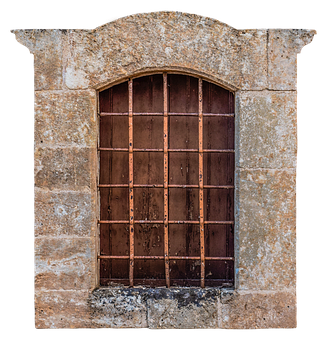 Rustic Arched Stone Windowwith Iron Bars PNG Image