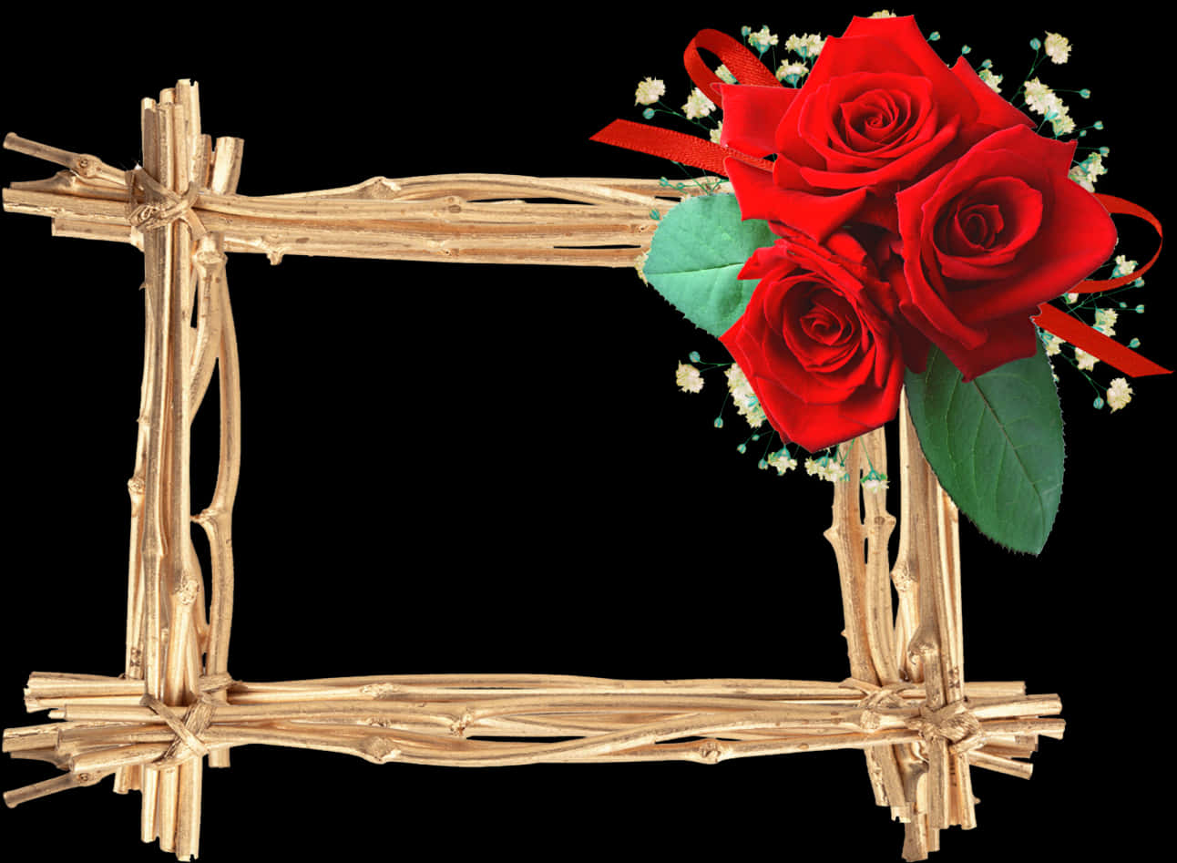 Rustic Twig Framewith Red Roses PNG Image