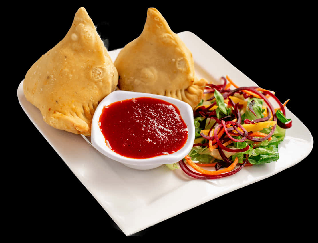 Samosaswith Chutneyand Salad PNG Image