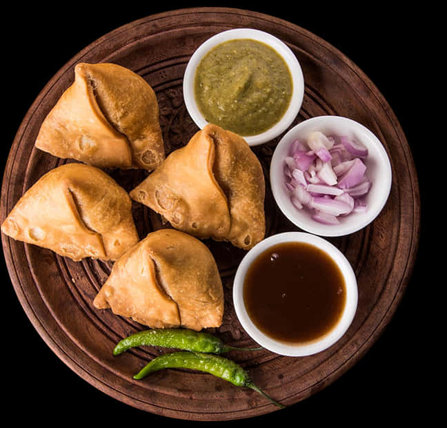 Samosaswith Chutneysand Onions PNG Image