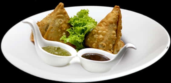 Samosaswith Chutneyson White Plate PNG Image