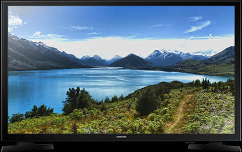 Samsung L E D T V Displaying Mountain Landscape PNG Image