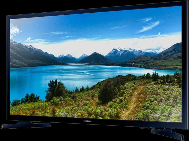 Samsung L E D T V Displaying Mountain Landscape PNG Image