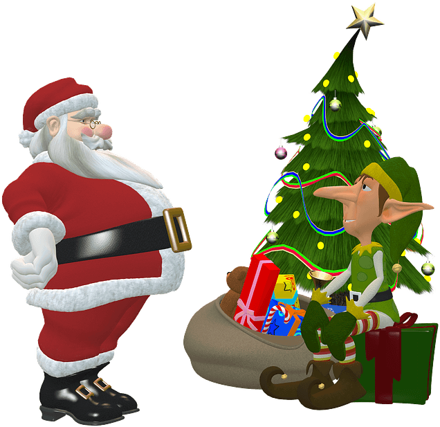 Santa_and_ Elf_with_ Christmas_ Tree_and_ Gifts.png PNG Image