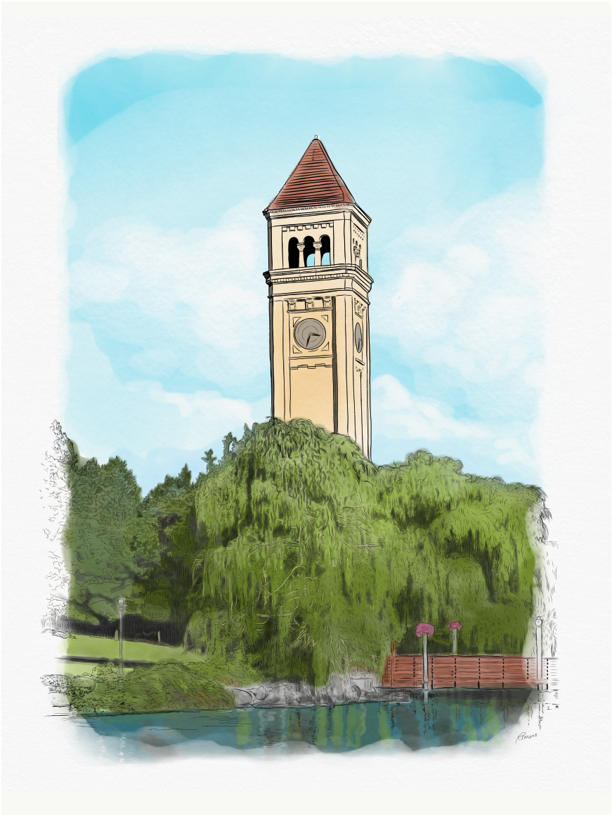 Scenic Clock Tower Illustration PNG Image