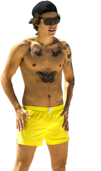 Shirtless Man Yellow Shorts Tattoos PNG Image